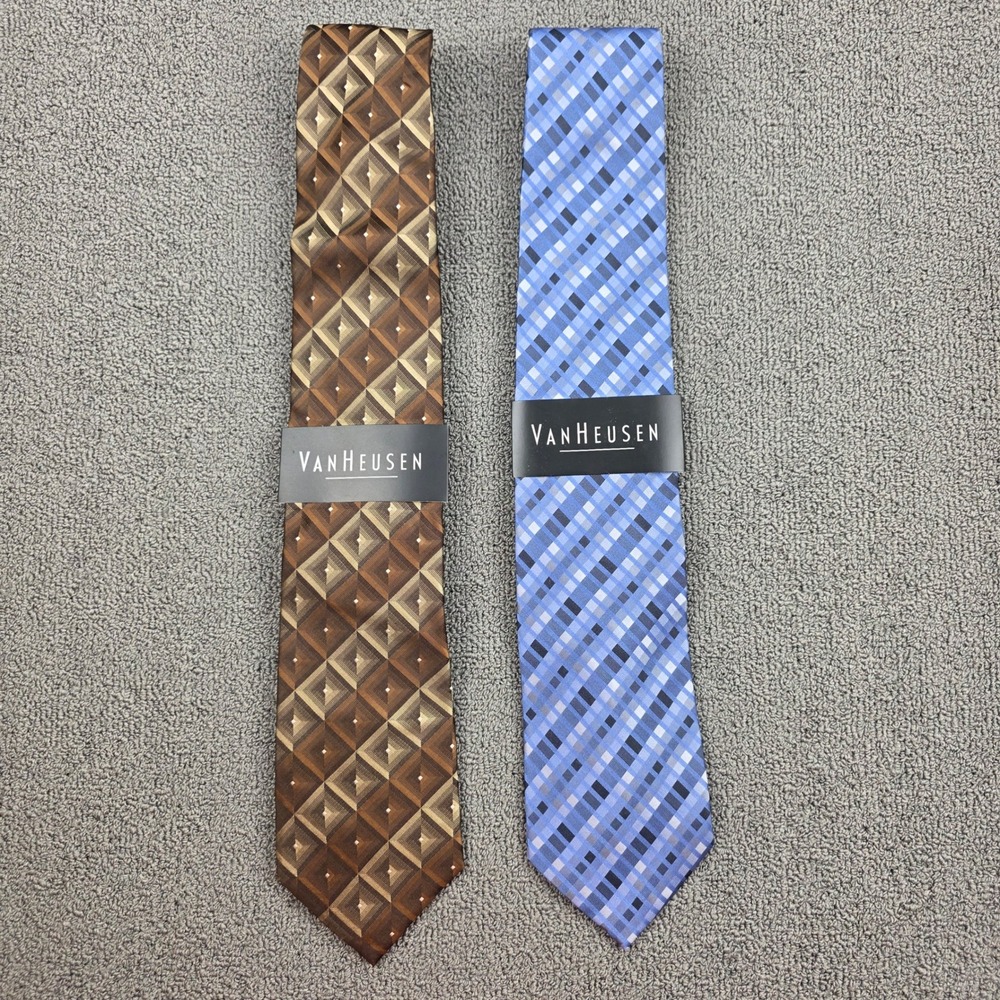 Van Heusen Silk Tie Set Mens Brown Blue Geometric Plaid Stain Resistant OS